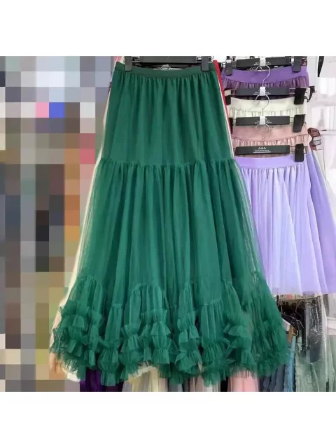 Multi-layer cake dancing mesh skirt medium-length heavy-work skirt with black ears A-line large swaying puffy skirt gauze skirt