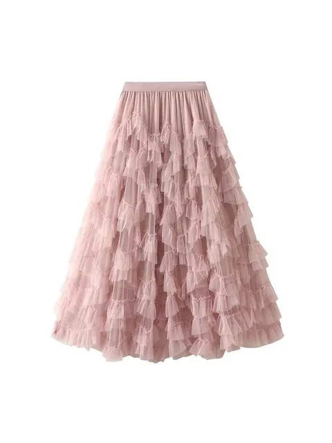 Chaoxian Heavy Industry Lace Mesh Puffed Skirt Slim Umbrella Skirt Large Slim Cake Gauze Skirt Mid-Long Skirt 1393 Solid Color