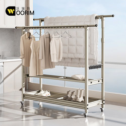 Balcony Clothes Drying Rack, Floor-Standing Clothes Rack, Double-Rod Telescopic Household Mobile Clothes Drying Rack, Clothes Drying Magic Tool, Thickened Clothes Rack