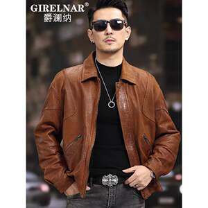 
JELANA 2025 winter new style distressed antique genuine leather jacket for men sheepskin lapel short leather jacket for men