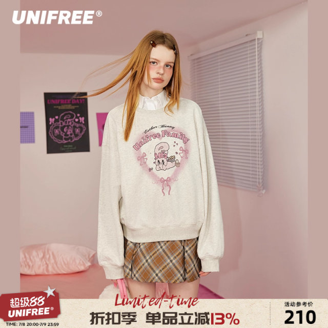 UNIFREE retro round neck sweatshirt for women loose college style Korean style ins versatile top