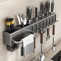 Stainless Steel Knife Holder Wall-Mounted No-Drill Kitchen Multifunctional Knife Storage Rack Knife and Chopstick Holder Integrated Storage Rack