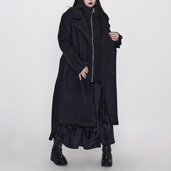 
Yinmi new winter fake two-piece design long double-sided nylon double-breasted loose slimming windbreaker coat