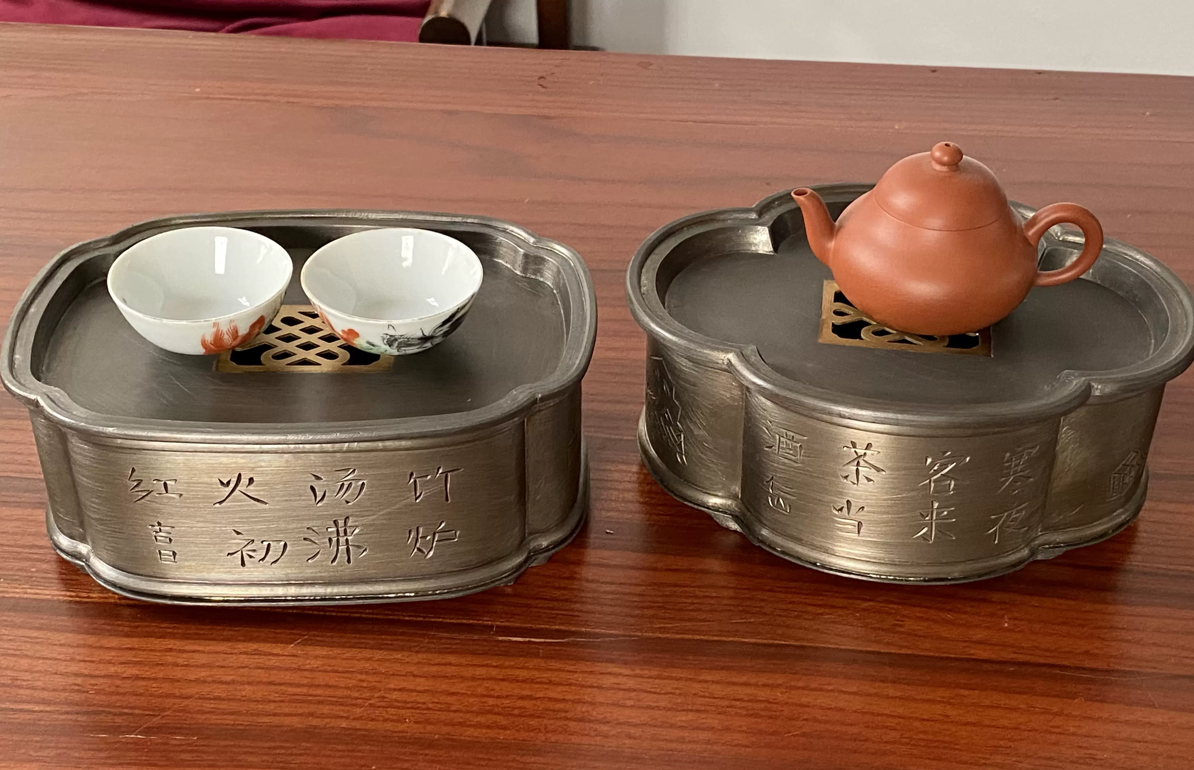 潮州功夫茶具潮阳真料点铜手工海棠长方金属锡茶盘中式壶承-Taobao