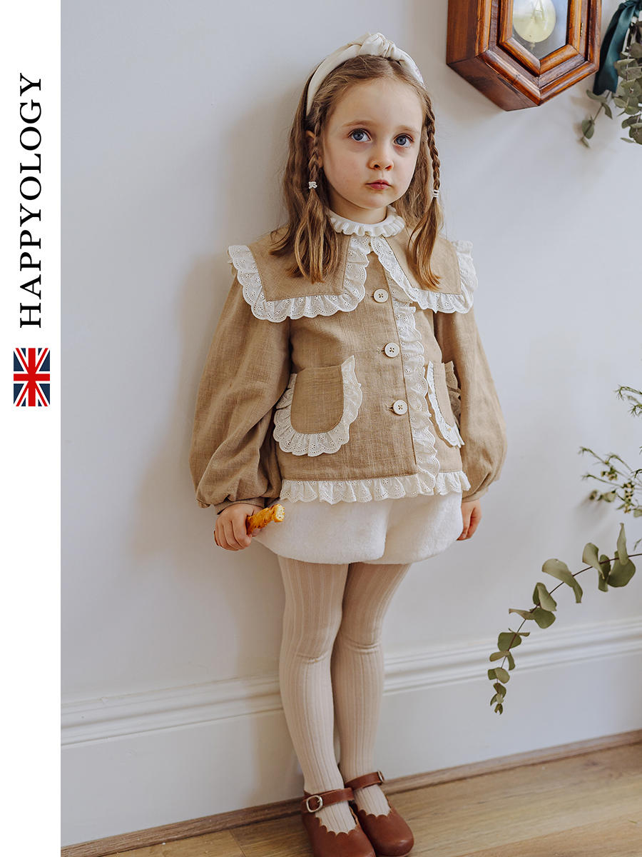 happyology英国儿童新品灯笼袖童装春秋翻领刺绣女童花边短款外套