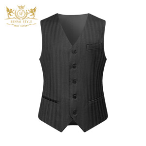 
Our suit vest new style business formal wear dark striped single-breasted V-neck west back groom pure wool vest men