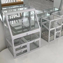 Glass Cosmetics Storage Box Student Dormitory Desktop Organizer Makeup Box Internet-Famous Dustproof Lipstick Skincare Storage Rack