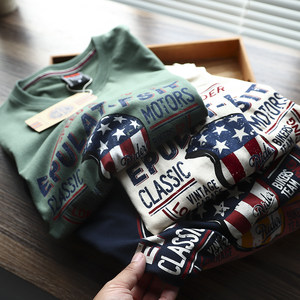 Exit the United States! Retro Amy Kaka Foreign Trade Men's Autumn Cotton Modeling Printing Flower Circle T -shirt