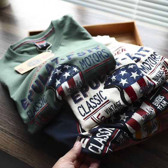 Exit the United States! Retro Amy Kaka Foreign Trade Men's Autumn Cotton Modeling Printing Flower Circle T -shirt