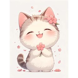 Cute Kitten with Flowers Self-Adhesive Sticker Wall Bedroom Background Wall Door Decoration Painting Poster Waterproof Sticker