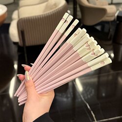 Cute Pink Five-Color Heart-Shaped Antibacterial Alloy Chopsticks, Non-Slip, Mold-Resistant, Dishwasher-Safe, Household Tableware