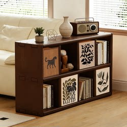 Solid Wood Bookshelf Floor-Standing Storage Rack Bookcase Storage Cabinet Integrated Wall-Mounted Walnut Color Grid Cabinet Home Living Room Storage