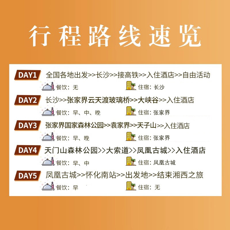 杭州等多地出发长沙张家界旅游5天4晚跟团游森林公园天门山凤凰