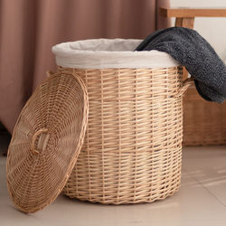 Dirty Clothes Basket, Rattan and Wicker Storage Basket with Lid, Toy Home Dirty Clothes Hamper, Laundry Basket, Hand-Woven Storage Basket