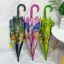 New Children's Unisex Umbrella with Long Handle, Semi-Automatic Cartoon Cute Pattern Umbrella for Students, Elsa Stainless Steel Model
