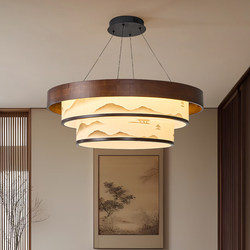Song Dynasty Aesthetic Round Walnut Wood Painted Bamboo Leaf Landscape Style Living Room Chandelier Dining Room Bedroom Tea Room Private Room Lamp
