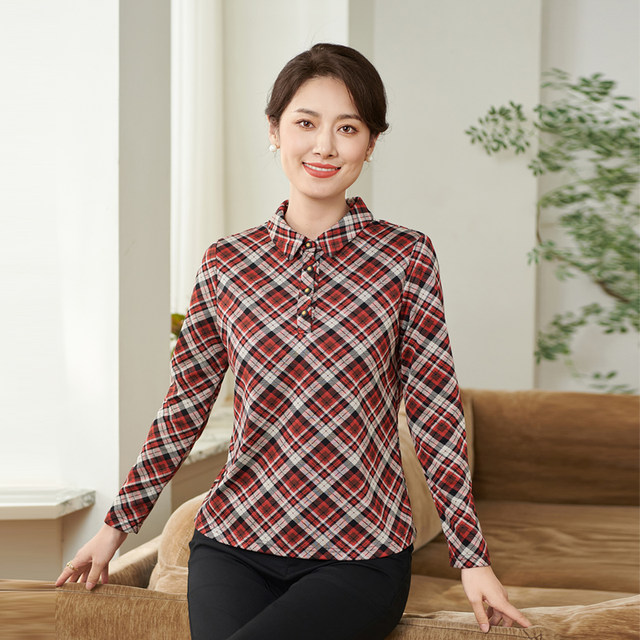 Xiangmulan 2025 spring and autumn new mesh long-sleeved printed shirt, versatile middle-aged temperament POLO collar shirt for women