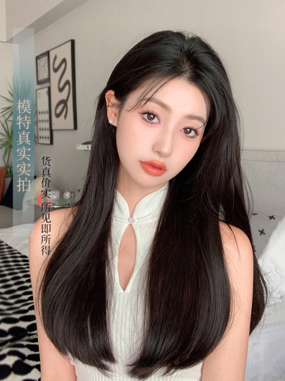 優しいロングストレートヘアの女性用ウィッグピース ふんわり毛量少し 