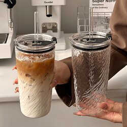 Large-Capacity Straw Cup with Lid, Office Women's High-Looking, High-Temperature-Resistant Transparent Glass Cup, Cold Drink Brewing Coffee Cup