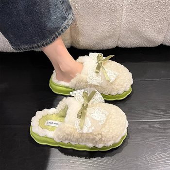 Bow cotton slippers for women in winter, warm and non-slip indoor home 2025 new fur slippers for winter