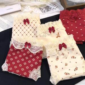 
Extended crotch Category A red sweet floral pure lust underwear girls medium low waist antibacterial briefs
