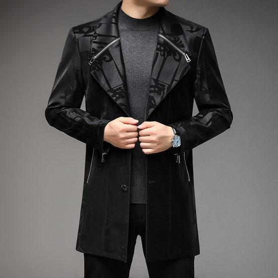 
New autumn and winter men's leather jacket mid-length suit collar floral leather trench coat men's jacket Korean slim young leather trench coat