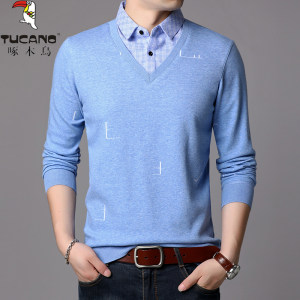 Woodpecker Spring and Autumn Sweater Fake two pieces of sweater men's Korean long -sleeved large size shirt neck knitting bottom shirt