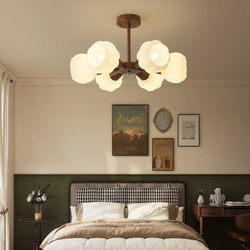French Mid-Century Style Bedroom Chandelier, Retro Walnut Wood Grain Study Lamp, Handmade Glass Design Room Chandelier
