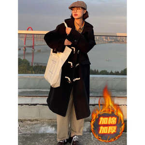 
Horn button black woolen coat for women autumn and winter 2025 new medium and long style small hooded woolen coat thickened