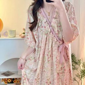
High-end Monet Garden Short Sleeve Cloud Cotton Night Dress Women's Long Summer 2025 New Pajamas Bathrobe Home Clothes