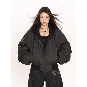 
Fake two-piece hooded PU leather jacket cotton jacket men and women autumn and winter oversize couple American flight suit cotton jacket
