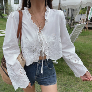 
chenopod homemade 2026 spring and summer French fungus embroidered strap V-neck white long-sleeved short shirt for women