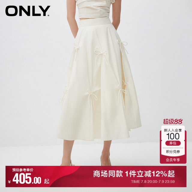 ONLY2025 summer new fairy style fashionable mid-length high-waisted slim A-line skirt bow skirt for women