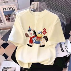 2026 New Year Cartoon Rich Horse Print Short-Sleeve T-Shirt for Women, Loose Oversize Versatile Trendy Apricot Top