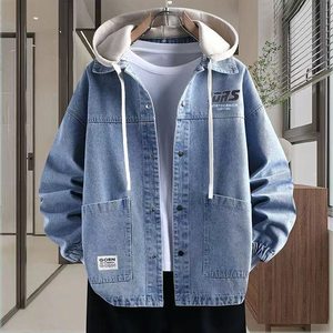 
Teenager wash denim jacket men spring and autumn junior high school students trendy hooded gown loose casual jacket