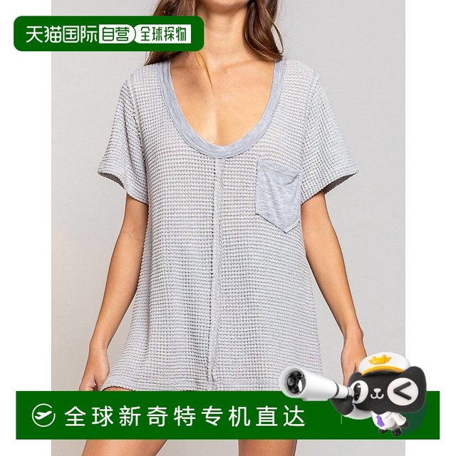 Self-operated pol grey waffle pocket t-shirt - grey straight hair