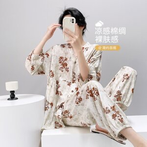 Summer new ladies loose air -conditioned air -conditioned pajamas thin size, large -size breathable kainella, cotton and silk set home service
