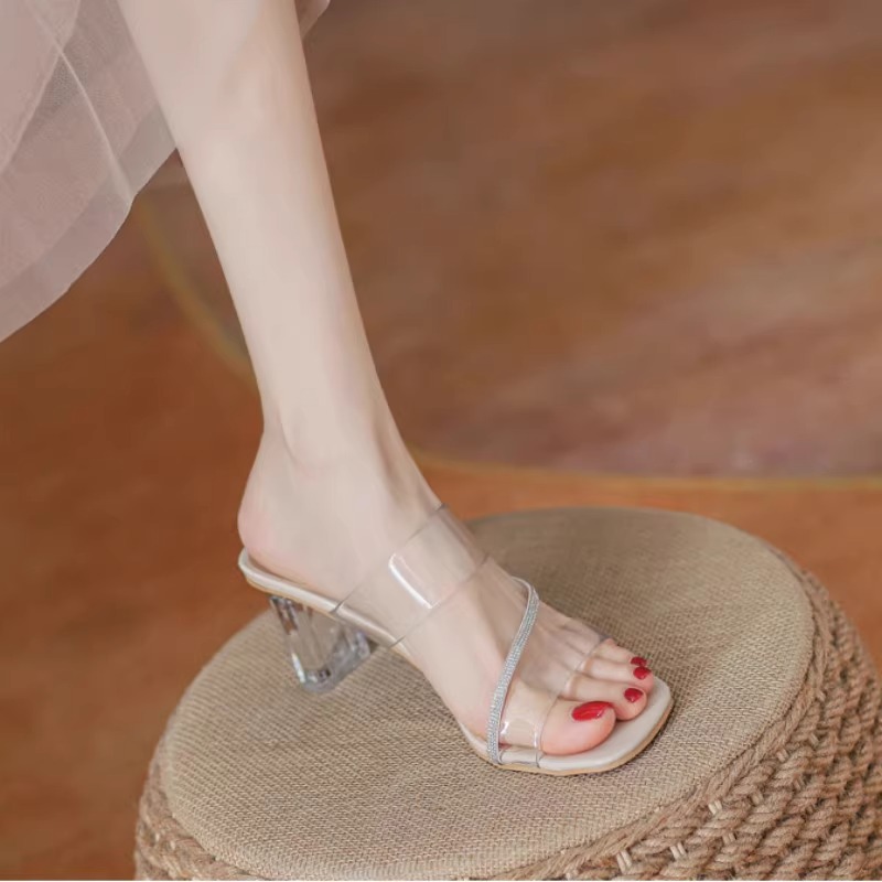 C9802 2760K Giày Dép Sandal Nữ Rskregs Gắn Đá Gót Vuông Mùa Hè Trong Suốt Giày Dép Nữ G06 Sản Phẩm Mới