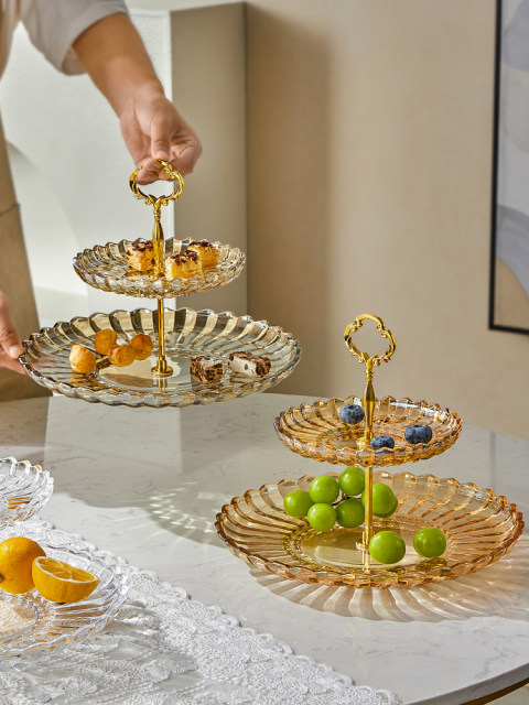 Light Luxury Double-Layer Glass Fruit Plate for Living Room, Home Coffee Table, Snack and Dessert Plate, Afternoon Tea Exquisite Tray, High-End Plate