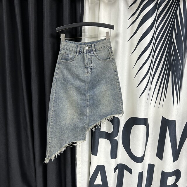 Irregular breasted retro denim skirt for women 2025 summer new high waist oblique design A-line midi skirt