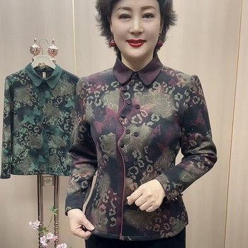 
Autumn and winter lapel plus velvet women's national style floral tops