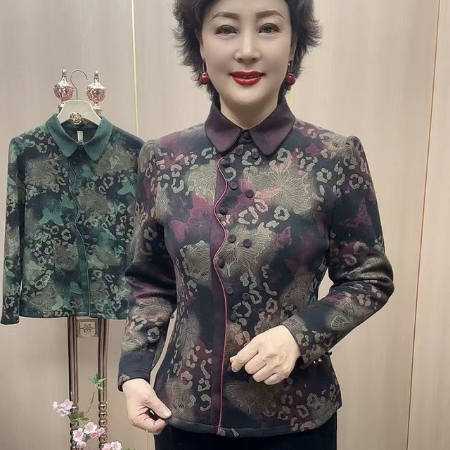 New autumn and winter women's velvet warm cardigan, middle-aged and elderly mother's top, lapel printed foreign style national style shirt