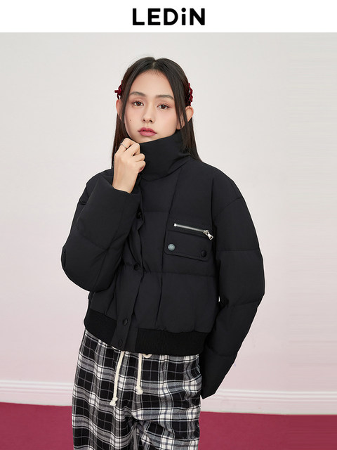 Lecho Girls Punk Down Jacket 23 Autumn and Winter New Three-Defense Women's Cut-off Jacket Style Stand-Linged Down Jacket
