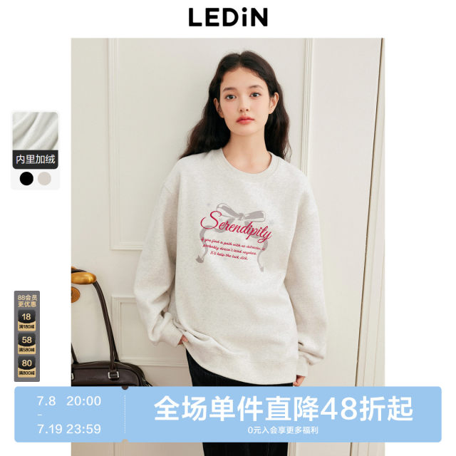 Lechang Bow Printing Flower Circle Round Sweatshin Women's Women's Winter New Loose Shoulder Embroidery Top*
