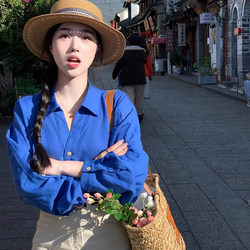 French-Style Blue Shirt for Women, New Spring and Autumn Style, High-End, Loose, Slimming, Sun-Protective Shirt, Age-Reducing, Unique, Commuter Top