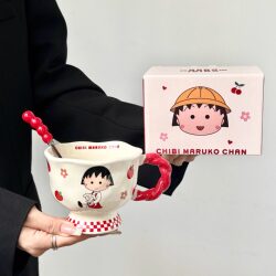 Authentic Chibi Maruko-Chan Co-Branded Mug, Cute Cartoon Couple Water Cup, Household Ceramic Cup, Birthday Gift