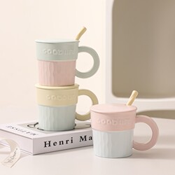 Casual ins Style Ceramic Mug with Lid and Spoon, Couple Water Cup, Coffee Cup, Milk Cup, Office Cup