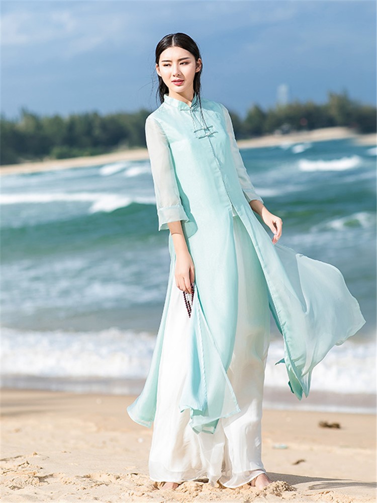 棉麻絮 复古改良中式雪纺旗袍