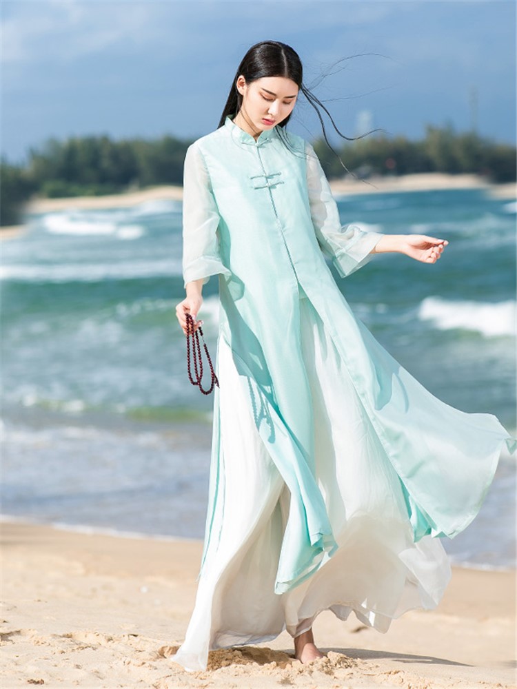 棉麻絮 复古改良中式雪纺旗袍