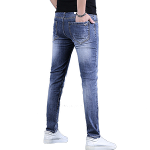 
Hong Kong jeans men's summer 2025 new high street ripped blue slim feet men's pants trendy brand thin